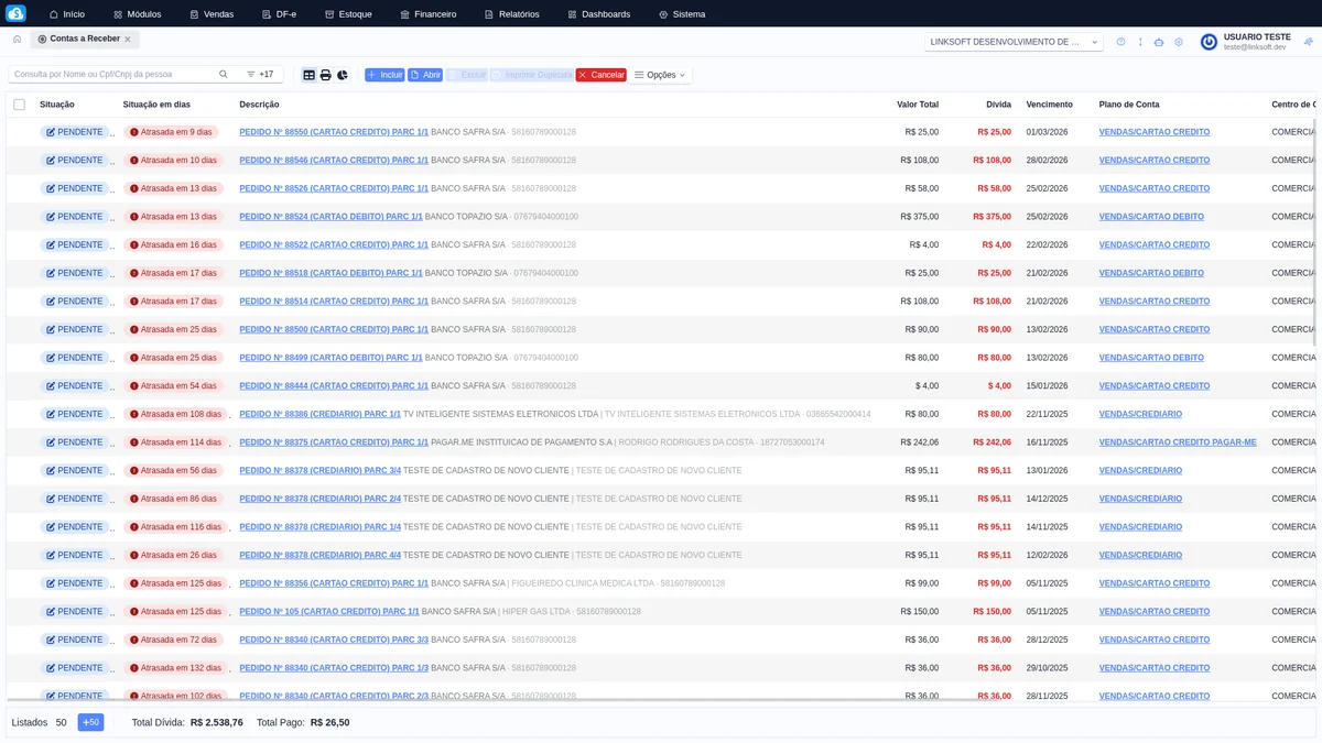 Tela do módulo Financeiro