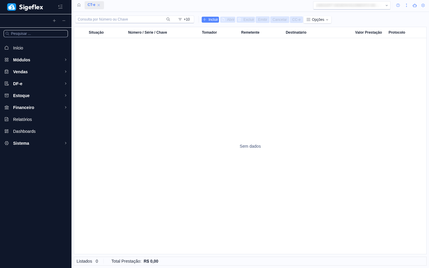 Tela do módulo Conhecimento de Transporte (CT-e)