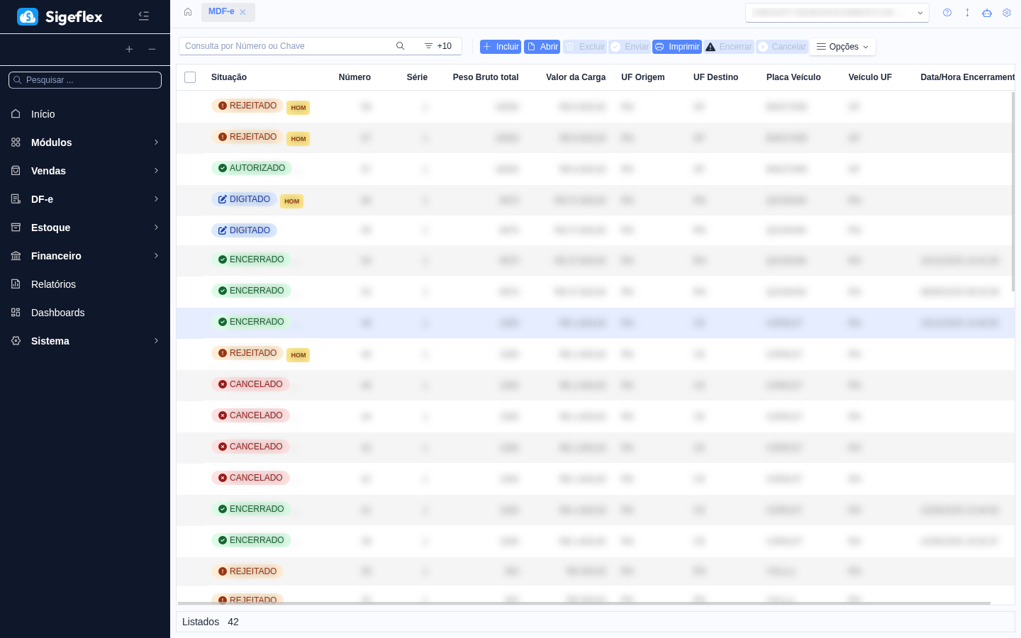 Tela do módulo Manifesto de Carga (MDF-e)