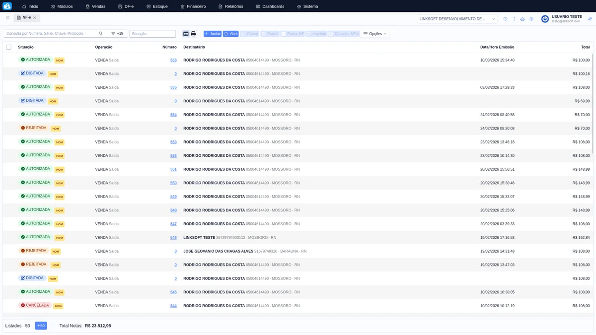 Tela do módulo Documentos Fiscais