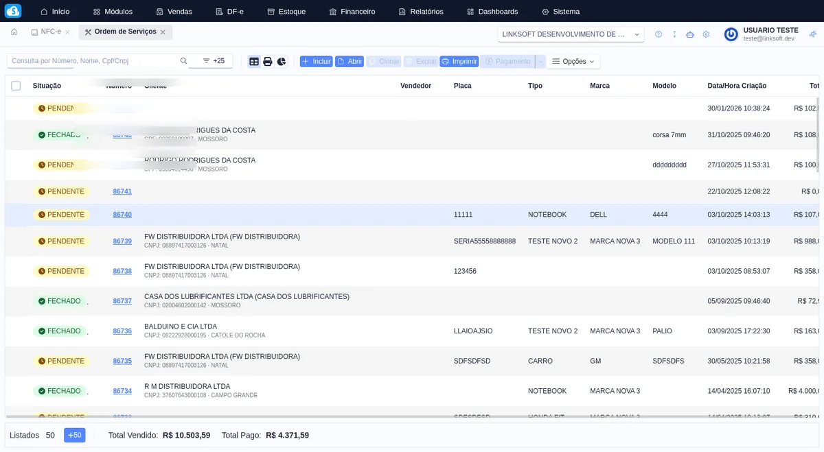 Tela do módulo Ordens de Serviço