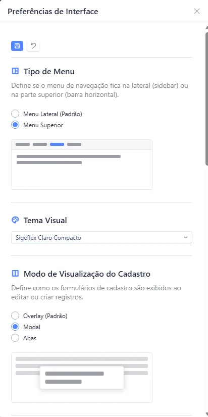 Painel de preferências de interface do Sigeflex