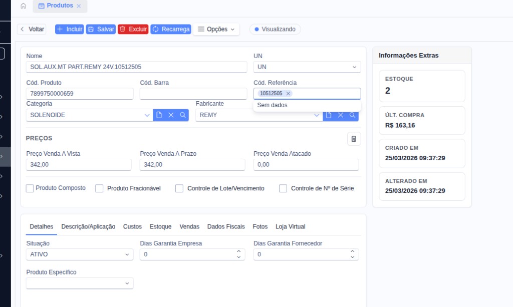 Exemplo do cadastro de produto no Sigeflex com campo de referência para autopeças